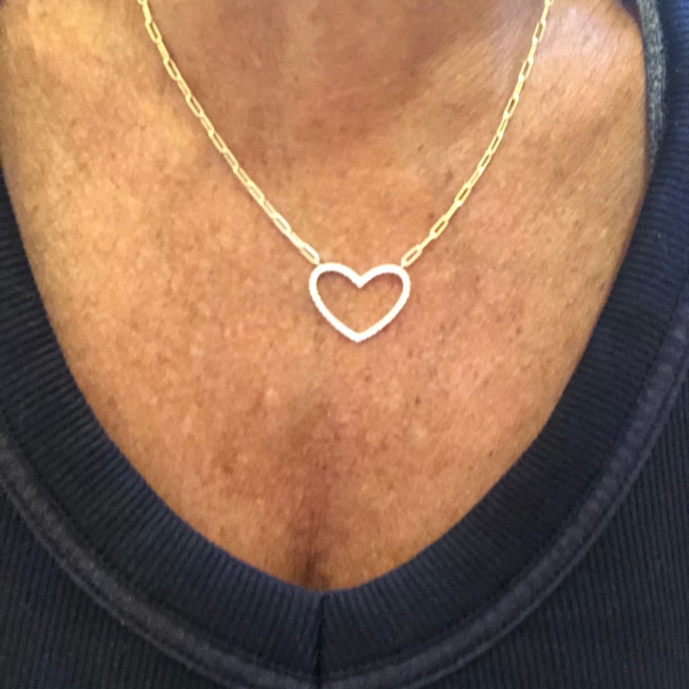Gold paper clip chain with cz heart